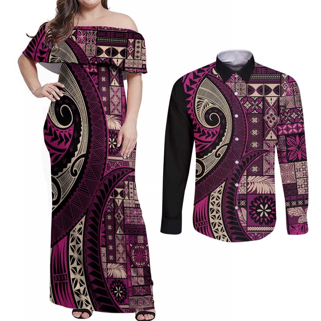 Vintage Samoa Siapo Mamanu Couples Matching Off Shoulder Maxi Dress and Long Sleeve Button Shirt Pink Samoan Tapa Motif - Polynesian Pride
