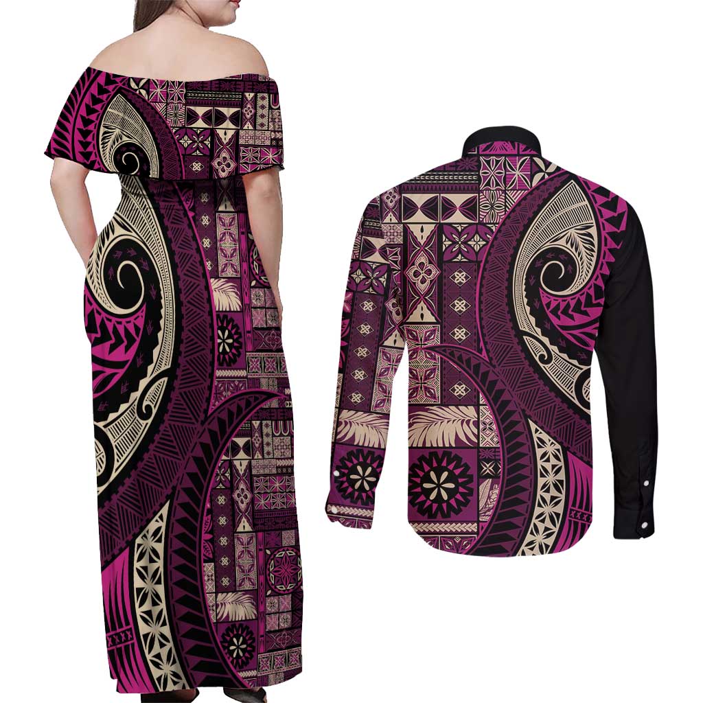 Vintage Samoa Siapo Mamanu Couples Matching Off Shoulder Maxi Dress and Long Sleeve Button Shirt Pink Samoan Tapa Motif - Polynesian Pride