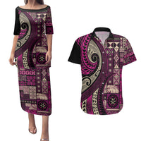 Vintage Samoa Siapo Mamanu Couples Matching Puletasi and Hawaiian Shirt Pink Samoan Tapa Motif - Polynesian Pride