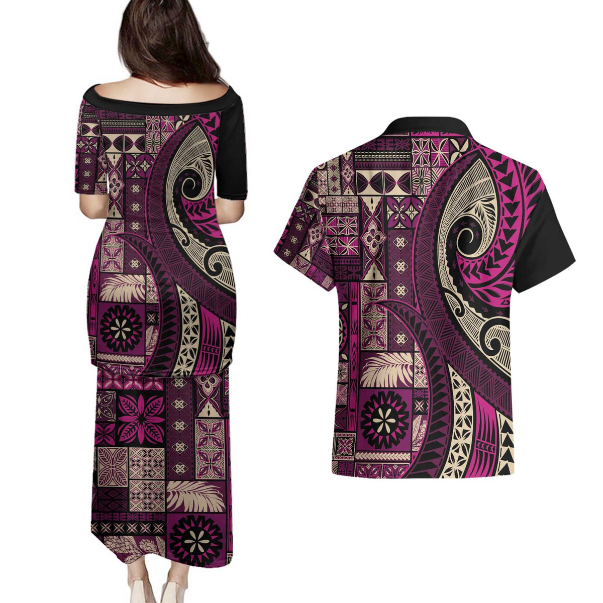 Vintage Samoa Siapo Mamanu Couples Matching Puletasi and Hawaiian Shirt Pink Samoan Tapa Motif - Polynesian Pride