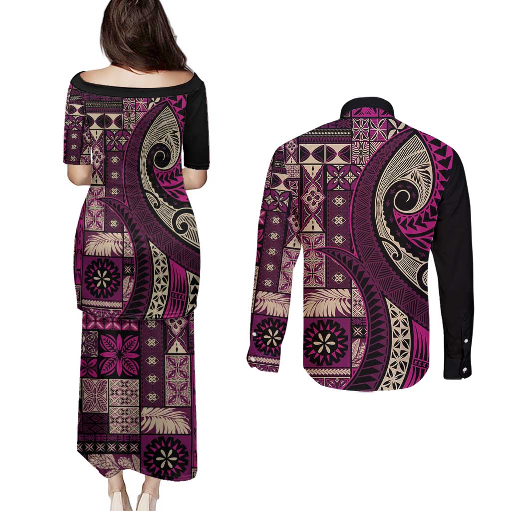 Vintage Samoa Siapo Mamanu Couples Matching Puletasi and Long Sleeve Button Shirt Pink Samoan Tapa Motif - Polynesian Pride