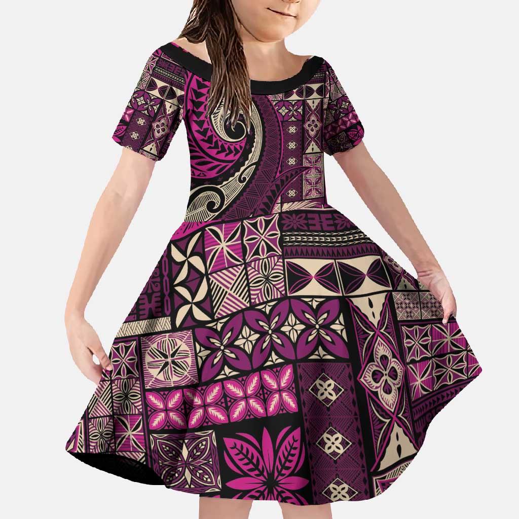 Vintage Samoa Siapo Mamanu Family Matching Off Shoulder Maxi Dress and Hawaiian Shirt Pink Samoan Tapa Motif - Polynesian Pride