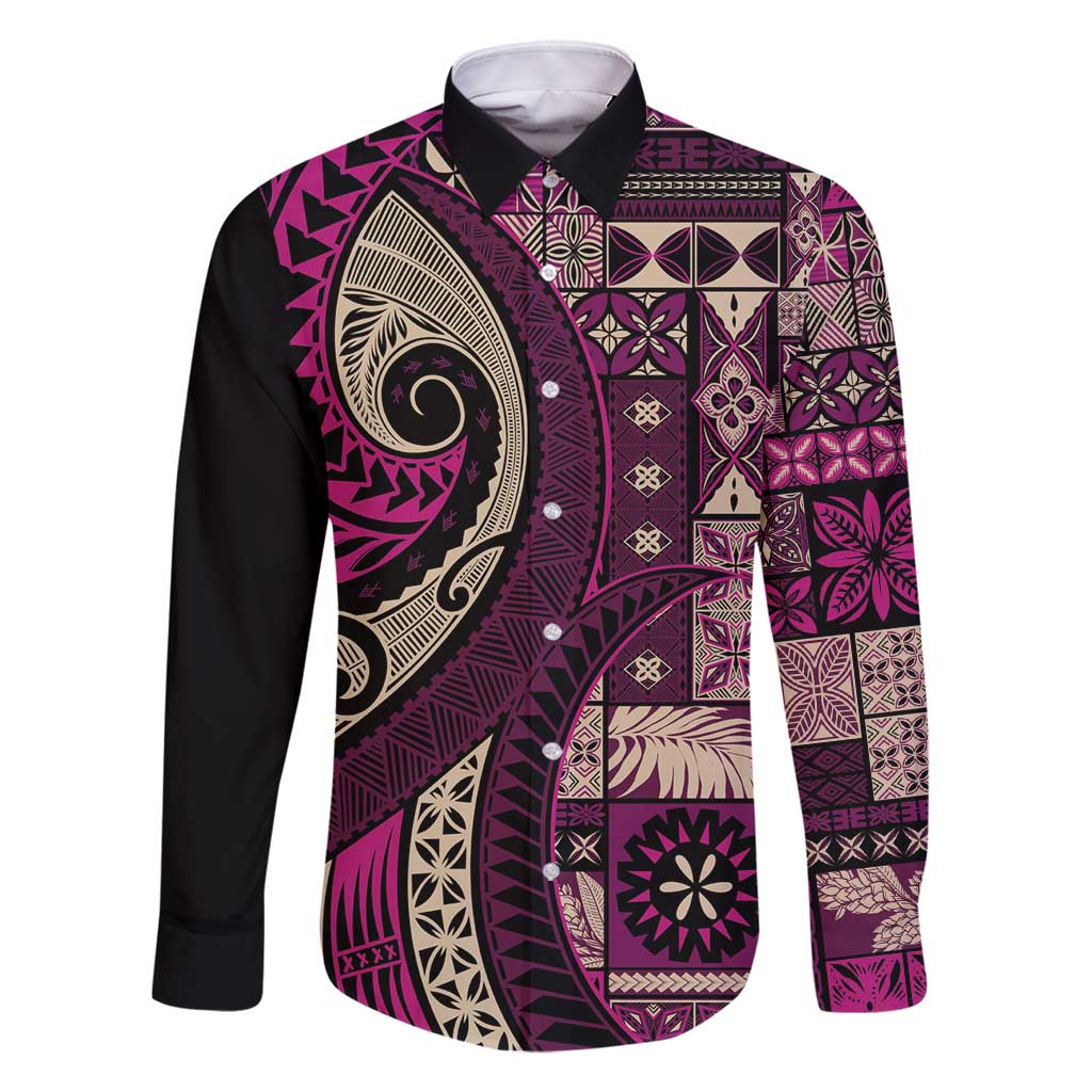 Vintage Samoa Siapo Mamanu Family Matching Off Shoulder Maxi Dress and Hawaiian Shirt Pink Samoan Tapa Motif - Polynesian Pride