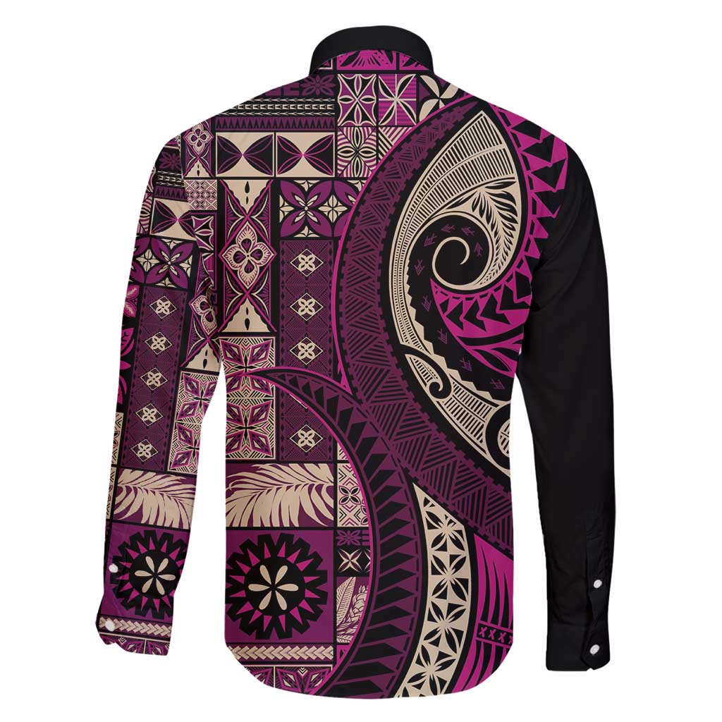 Vintage Samoa Siapo Mamanu Family Matching Off Shoulder Short Dress and Hawaiian Shirt Pink Samoan Tapa Motif - Polynesian Pride