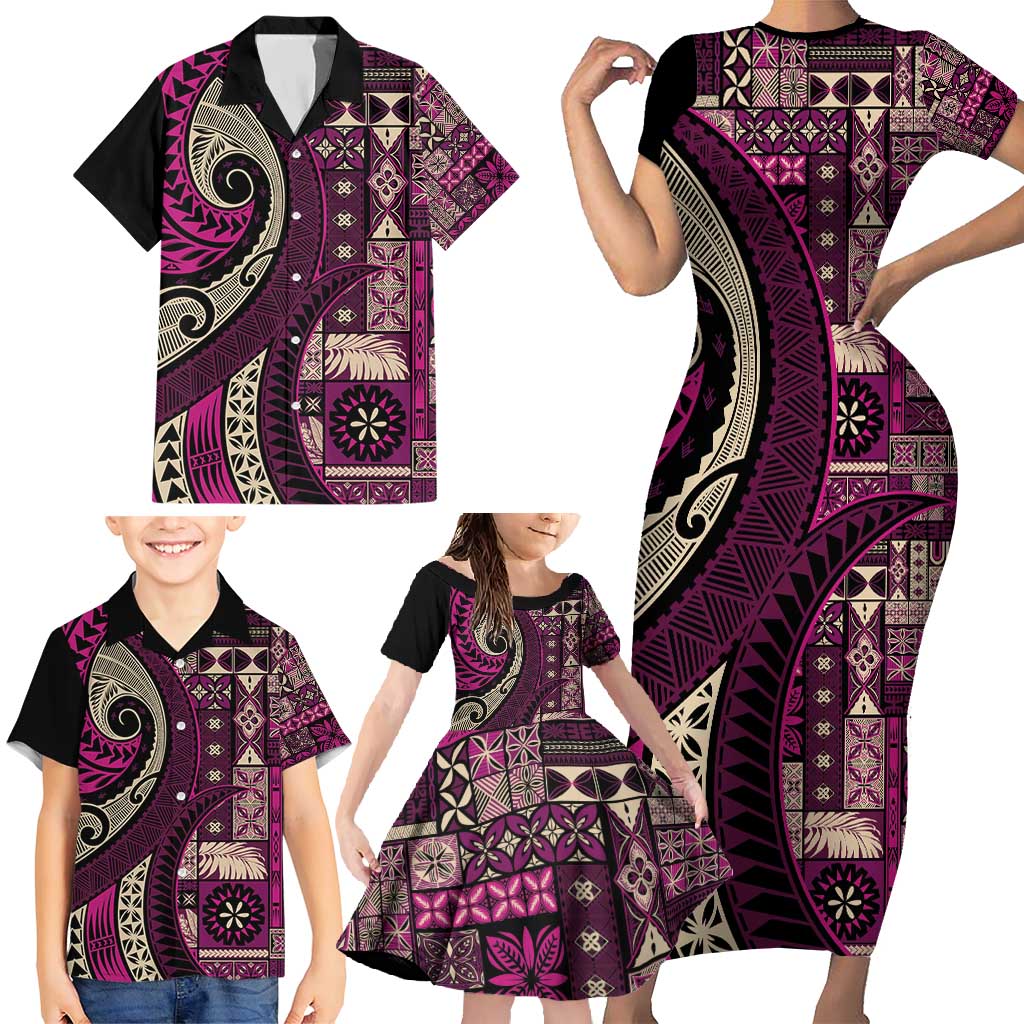 Vintage Samoa Siapo Mamanu Family Matching Short Sleeve Bodycon Dress and Hawaiian Shirt Pink Samoan Tapa Motif - Polynesian Pride