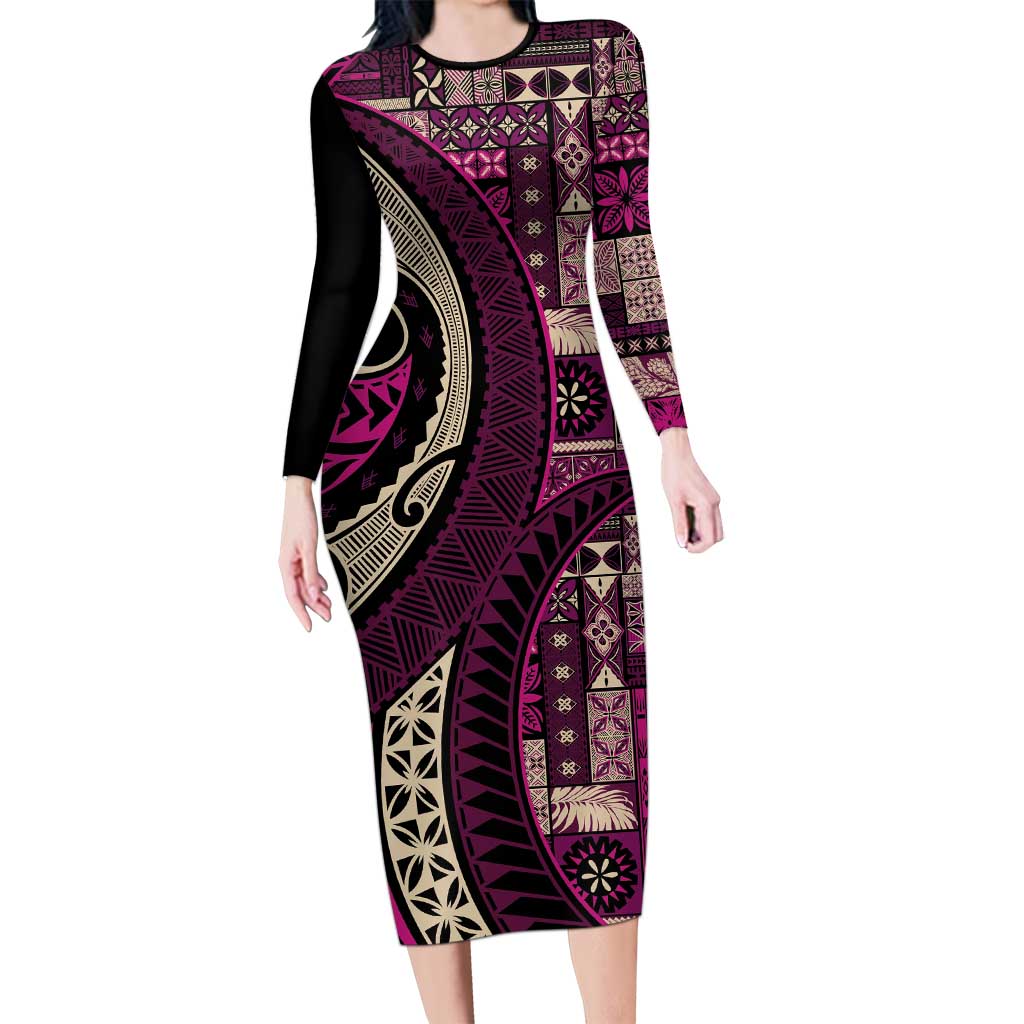 Vintage Samoa Siapo Mamanu Long Sleeve Bodycon Dress Pink Samoan Tapa Motif - Polynesian Pride