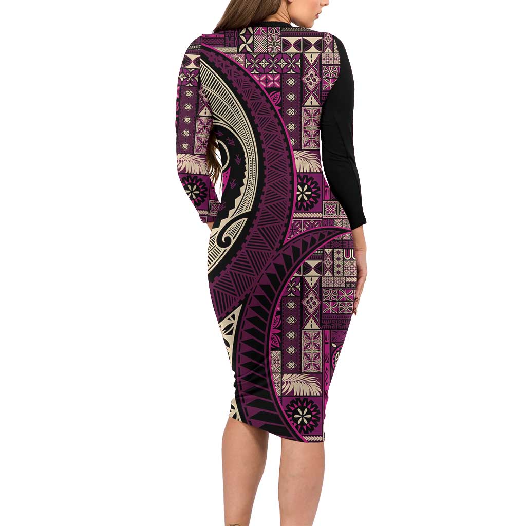 Vintage Samoa Siapo Mamanu Long Sleeve Bodycon Dress Pink Samoan Tapa Motif - Polynesian Pride