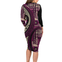 Vintage Samoa Siapo Mamanu Long Sleeve Bodycon Dress Pink Samoan Tapa Motif - Polynesian Pride