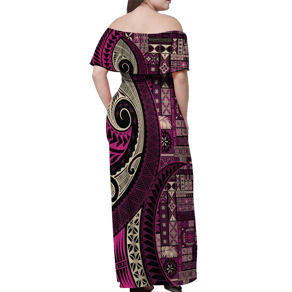 Vintage Samoa Siapo Mamanu Off Shoulder Maxi Dress Pink Samoan Tapa Motif - Polynesian Pride
