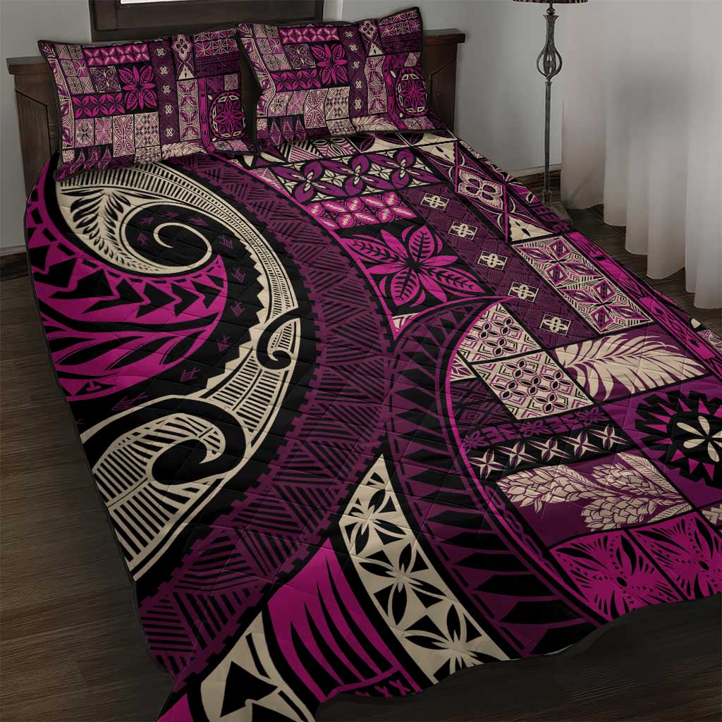 Vintage Samoa Siapo Mamanu Quilt Bed Set Pink Samoan Tapa Motif - Polynesian Pride