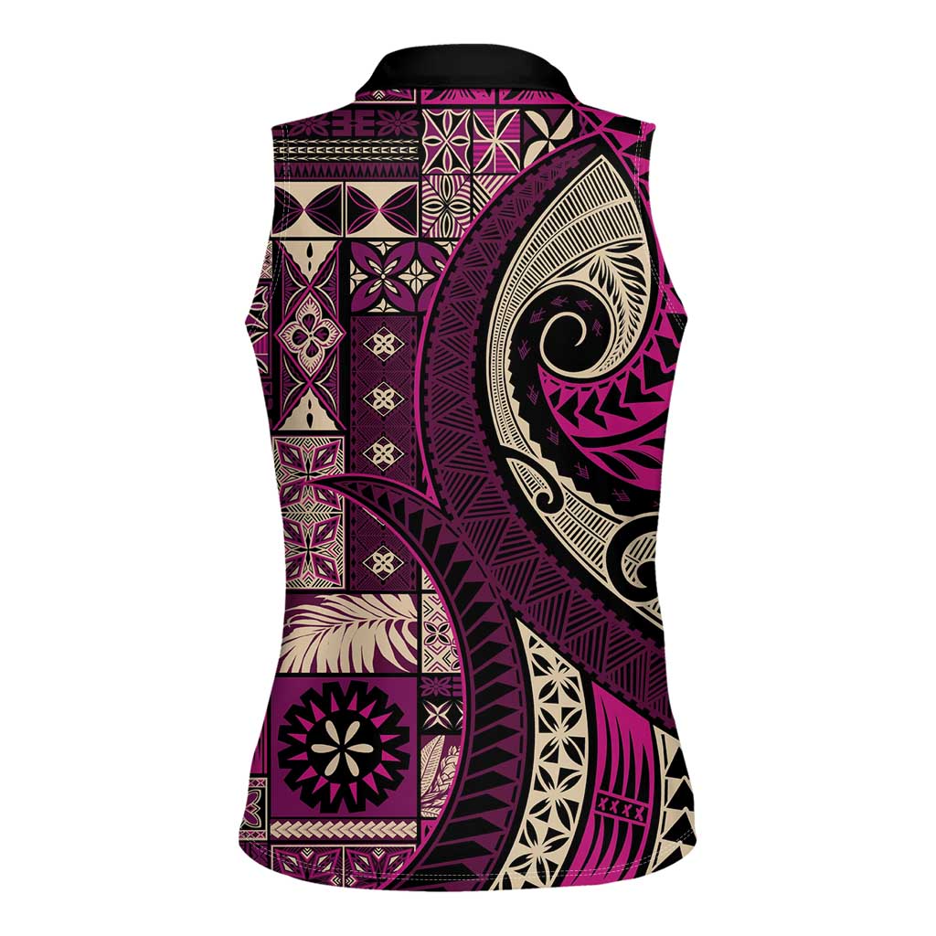 Vintage Samoa Siapo Mamanu Women Sleeveless Polo Shirt Pink Samoan Tapa Motif - Polynesian Pride
