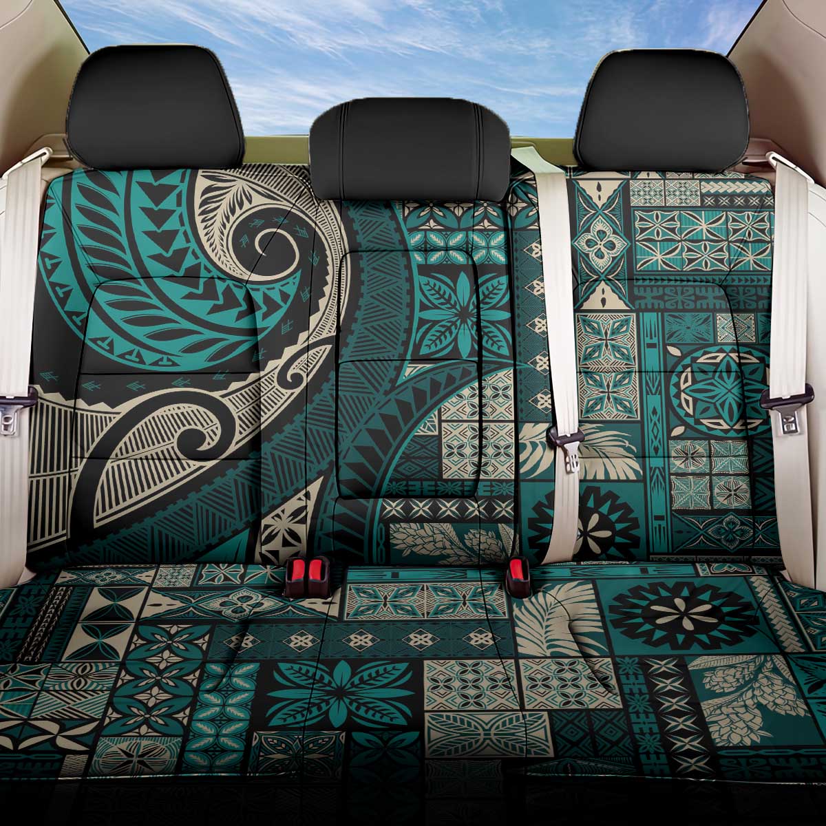 Vintage Samoa Siapo Mamanu Back Car Seat Cover Teal Samoan Tapa Motif - Polynesian Pride