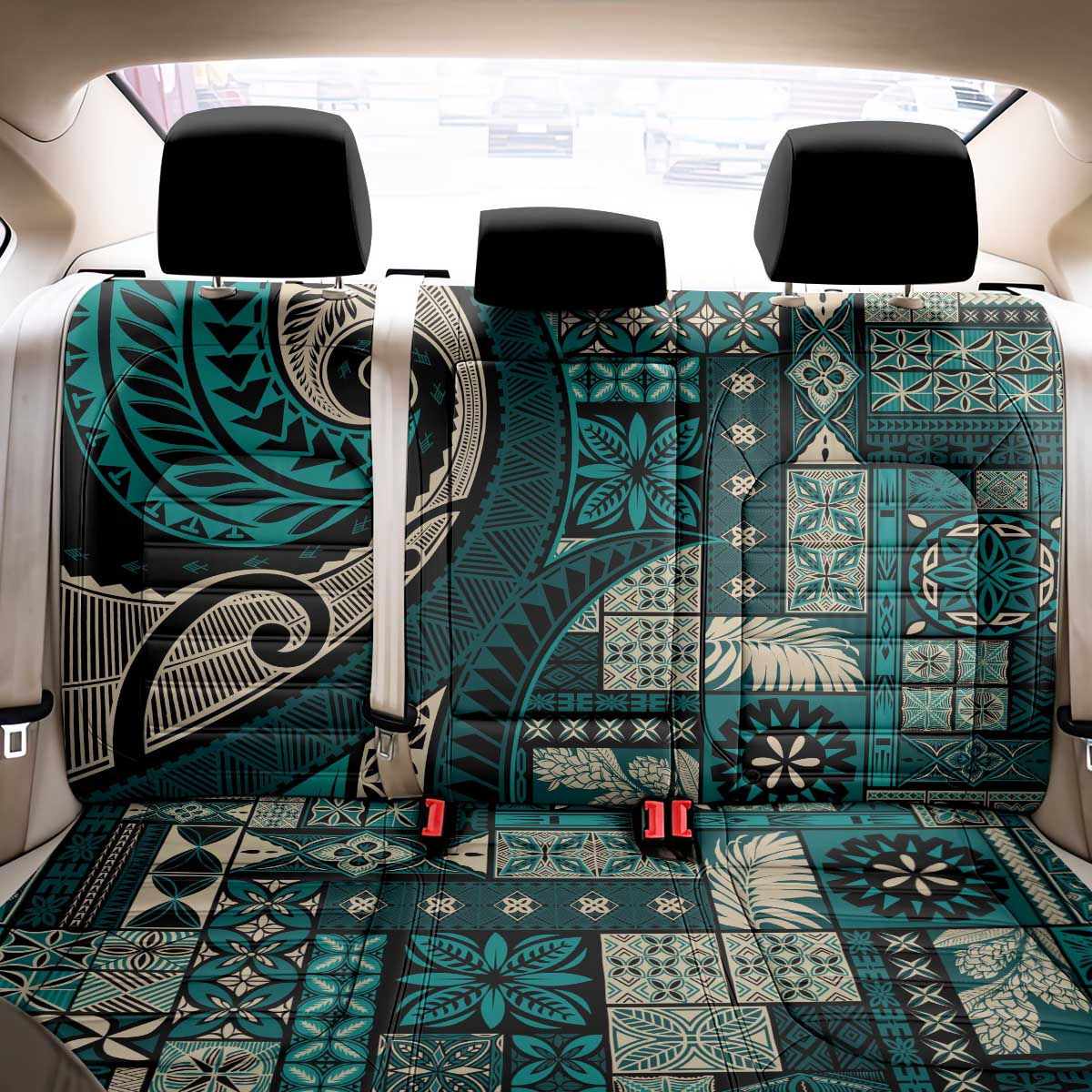 Vintage Samoa Siapo Mamanu Back Car Seat Cover Teal Samoan Tapa Motif - Polynesian Pride