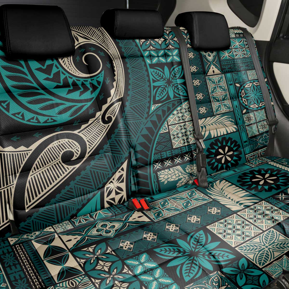 Vintage Samoa Siapo Mamanu Back Car Seat Cover Teal Samoan Tapa Motif - Polynesian Pride