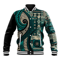 Vintage Samoa Siapo Mamanu Baseball Jacket Teal Samoan Tapa Motif - Polynesian Pride