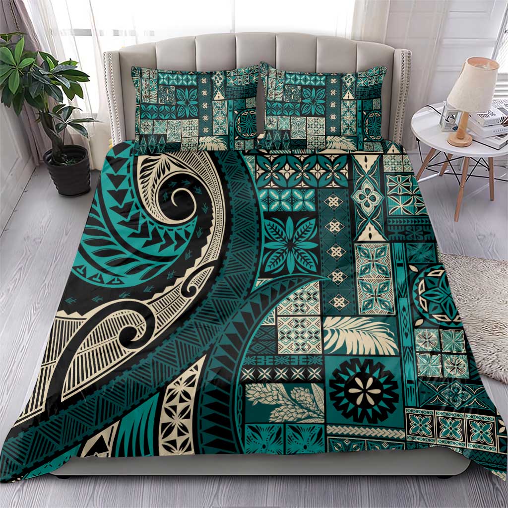 Vintage Samoa Siapo Mamanu Bedding Set Teal Samoan Tapa Motif - Polynesian Pride