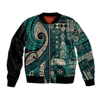 Vintage Samoa Siapo Mamanu Bomber Jacket Teal Samoan Tapa Motif - Polynesian Pride