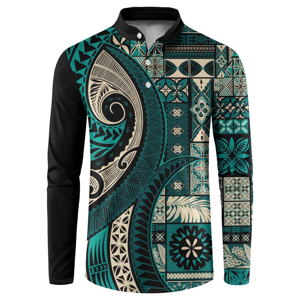 Vintage Samoa Siapo Mamanu Button Sweatshirt Teal Samoan Tapa Motif - Polynesian Pride