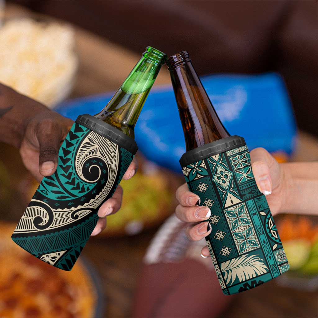 Vintage Samoa Siapo Mamanu 4 in 1 Can Cooler Tumbler Teal Samoan Tapa Motif - Polynesian Pride