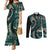 Vintage Samoa Siapo Mamanu Couples Matching Mermaid Dress and Long Sleeve Button Shirt Teal Samoan Tapa Motif - Polynesian Pride