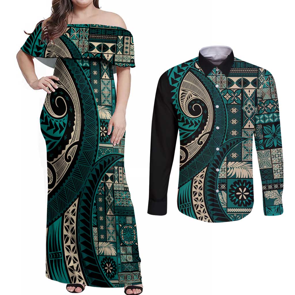 Vintage Samoa Siapo Mamanu Couples Matching Off Shoulder Maxi Dress and Long Sleeve Button Shirt Teal Samoan Tapa Motif - Polynesian Pride