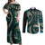 Vintage Samoa Siapo Mamanu Couples Matching Off Shoulder Maxi Dress and Long Sleeve Button Shirt Teal Samoan Tapa Motif - Polynesian Pride