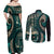 Vintage Samoa Siapo Mamanu Couples Matching Off Shoulder Maxi Dress and Long Sleeve Button Shirt Teal Samoan Tapa Motif - Polynesian Pride