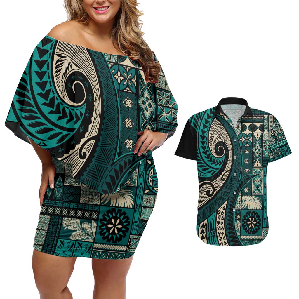 Vintage Samoa Siapo Mamanu Couples Matching Off Shoulder Short Dress and Hawaiian Shirt Teal Samoan Tapa Motif - Polynesian Pride