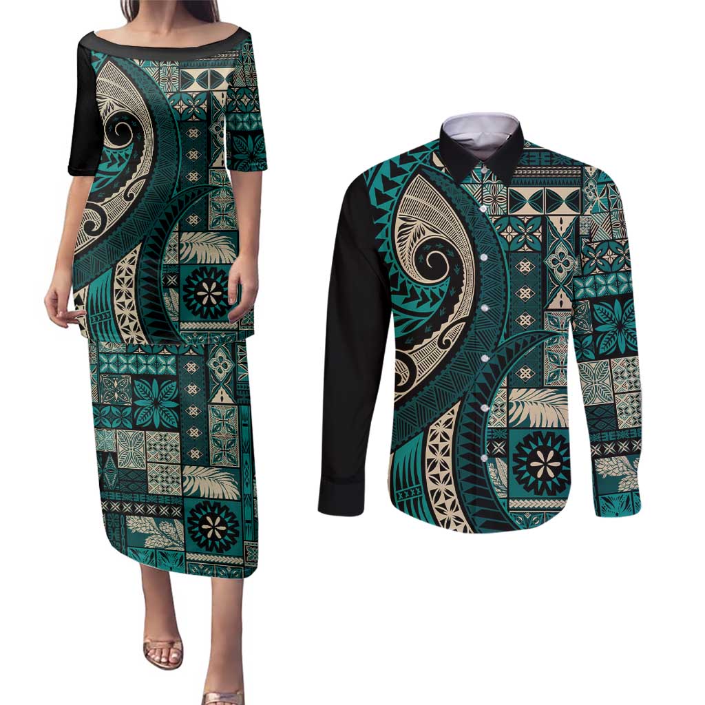 Vintage Samoa Siapo Mamanu Couples Matching Puletasi and Long Sleeve Button Shirt Teal Samoan Tapa Motif - Polynesian Pride