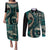 Vintage Samoa Siapo Mamanu Couples Matching Puletasi and Long Sleeve Button Shirt Teal Samoan Tapa Motif - Polynesian Pride