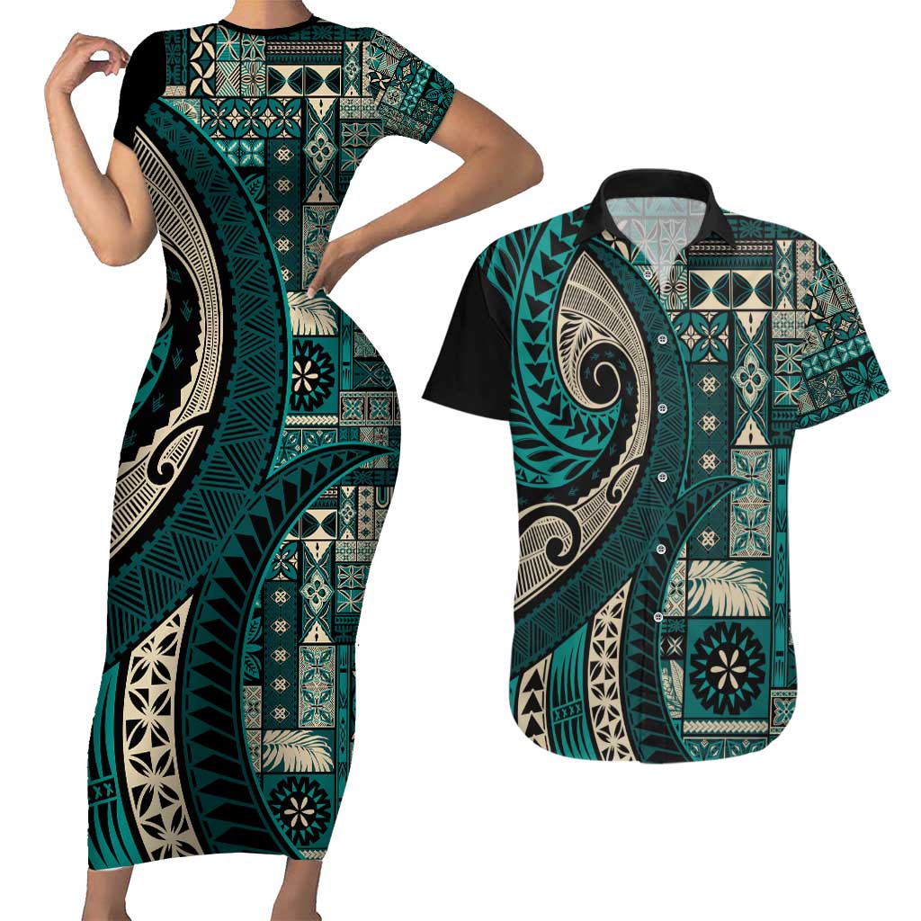 Vintage Samoa Siapo Mamanu Couples Matching Short Sleeve Bodycon Dress and Hawaiian Shirt Teal Samoan Tapa Motif - Polynesian Pride