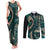 Vintage Samoa Siapo Mamanu Couples Matching Tank Maxi Dress and Long Sleeve Button Shirt Teal Samoan Tapa Motif - Polynesian Pride