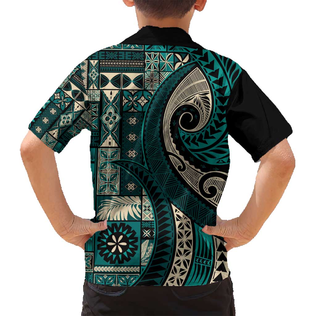 Vintage Samoa Siapo Mamanu Family Matching Long Sleeve Bodycon Dress and Hawaiian Shirt Teal Samoan Tapa Motif - Polynesian Pride