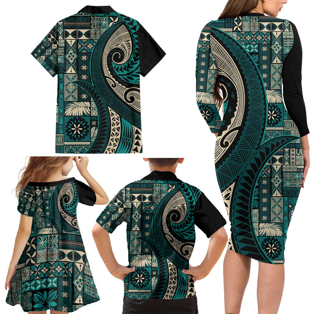 Vintage Samoa Siapo Mamanu Family Matching Long Sleeve Bodycon Dress and Hawaiian Shirt Teal Samoan Tapa Motif - Polynesian Pride