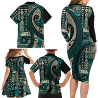 Vintage Samoa Siapo Mamanu Family Matching Long Sleeve Bodycon Dress and Hawaiian Shirt Teal Samoan Tapa Motif - Polynesian Pride