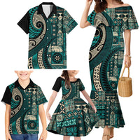 Vintage Samoa Siapo Mamanu Family Matching Mermaid Dress and Hawaiian Shirt Teal Samoan Tapa Motif - Polynesian Pride