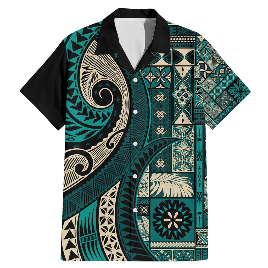 Vintage Samoa Siapo Mamanu Family Matching Mermaid Dress and Hawaiian Shirt Teal Samoan Tapa Motif - Polynesian Pride