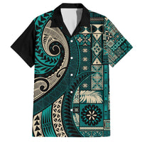 Vintage Samoa Siapo Mamanu Family Matching Off The Shoulder Long Sleeve Dress and Hawaiian Shirt Teal Samoan Tapa Motif - Polynesian Pride