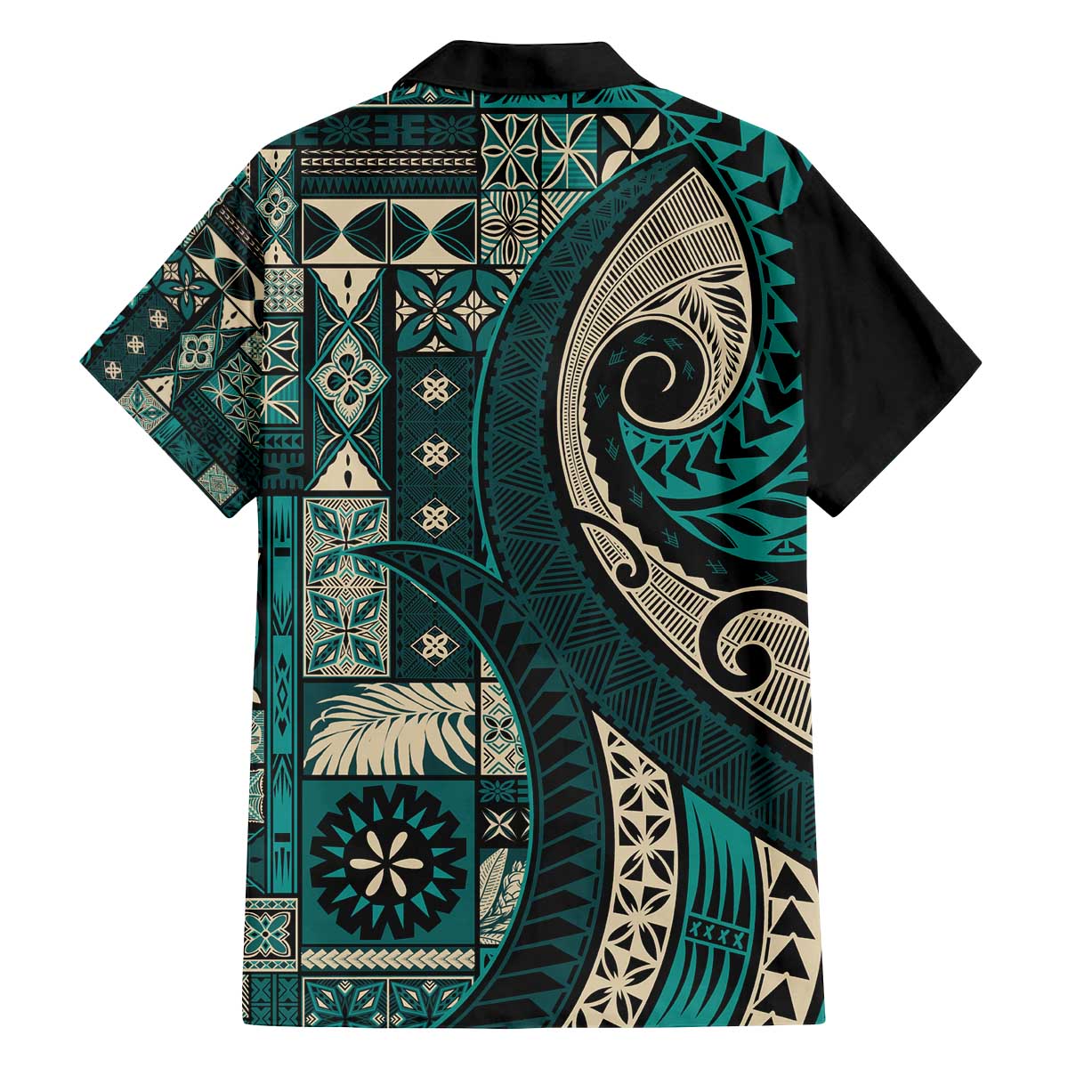Vintage Samoa Siapo Mamanu Family Matching Off The Shoulder Long Sleeve Dress and Hawaiian Shirt Teal Samoan Tapa Motif - Polynesian Pride