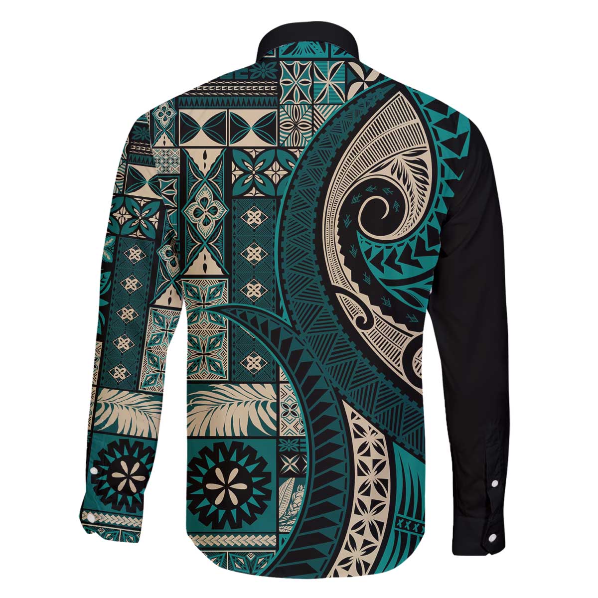 Vintage Samoa Siapo Mamanu Family Matching Off The Shoulder Long Sleeve Dress and Hawaiian Shirt Teal Samoan Tapa Motif - Polynesian Pride