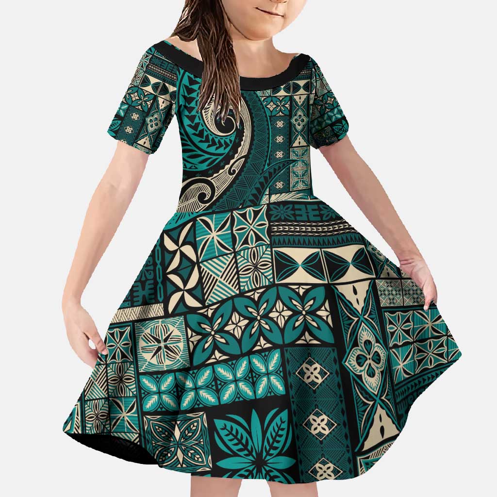 Vintage Samoa Siapo Mamanu Family Matching Off Shoulder Maxi Dress and Hawaiian Shirt Teal Samoan Tapa Motif - Polynesian Pride