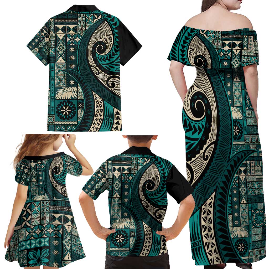 Vintage Samoa Siapo Mamanu Family Matching Off Shoulder Maxi Dress and Hawaiian Shirt Teal Samoan Tapa Motif - Polynesian Pride