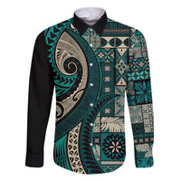 Vintage Samoa Siapo Mamanu Family Matching Off Shoulder Maxi Dress and Hawaiian Shirt Teal Samoan Tapa Motif - Polynesian Pride