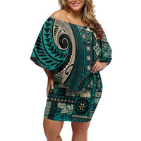 Vintage Samoa Siapo Mamanu Family Matching Off Shoulder Short Dress and Hawaiian Shirt Teal Samoan Tapa Motif - Polynesian Pride