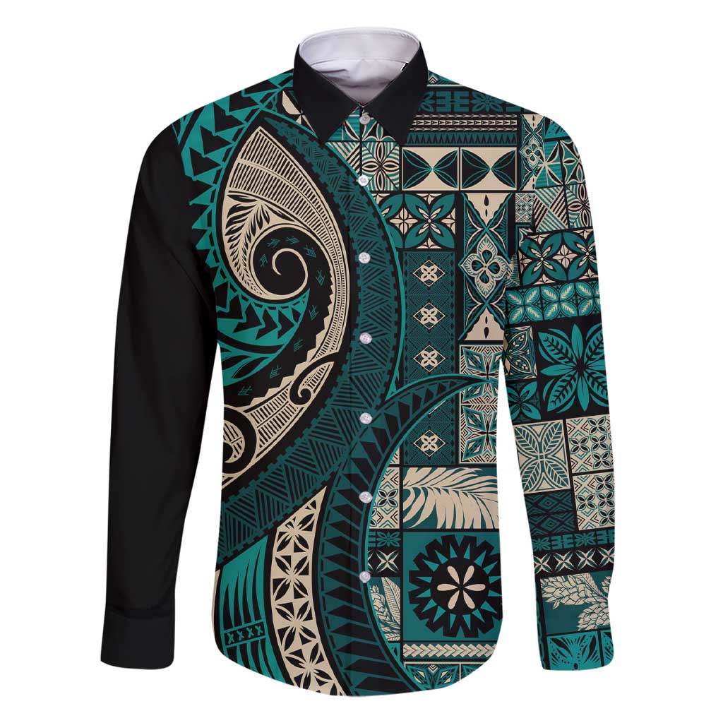 Vintage Samoa Siapo Mamanu Family Matching Short Sleeve Bodycon Dress and Hawaiian Shirt Teal Samoan Tapa Motif - Polynesian Pride