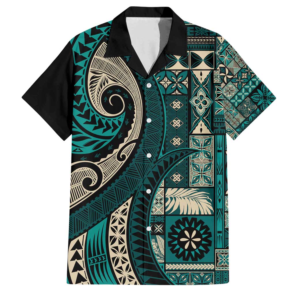 Vintage Samoa Siapo Mamanu Family Matching Tank Maxi Dress and Hawaiian Shirt Teal Samoan Tapa Motif - Polynesian Pride