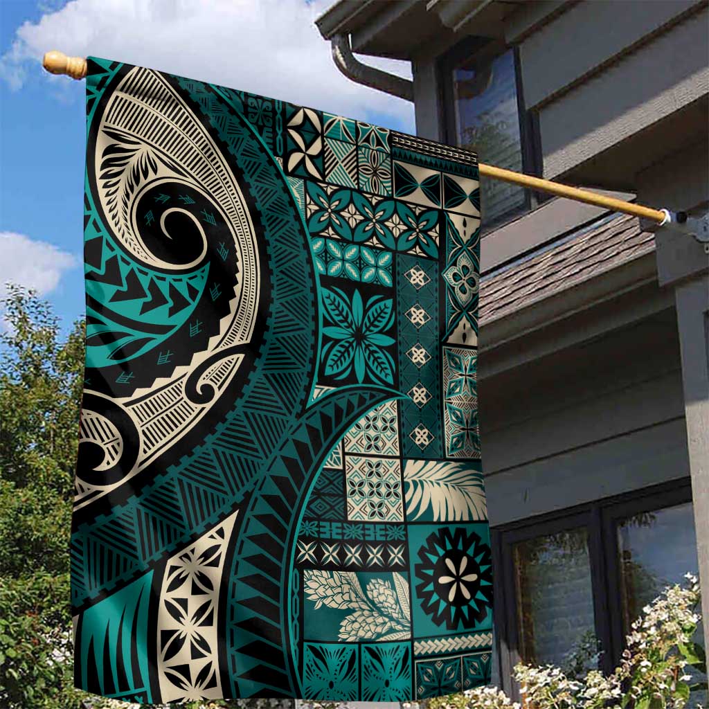 Vintage Samoa Siapo Mamanu Garden Flag Teal Samoan Tapa Motif - Polynesian Pride