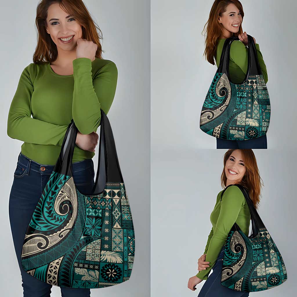 Vintage Samoa Siapo Mamanu Grocery Bag Teal Samoan Tapa Motif - Polynesian Pride