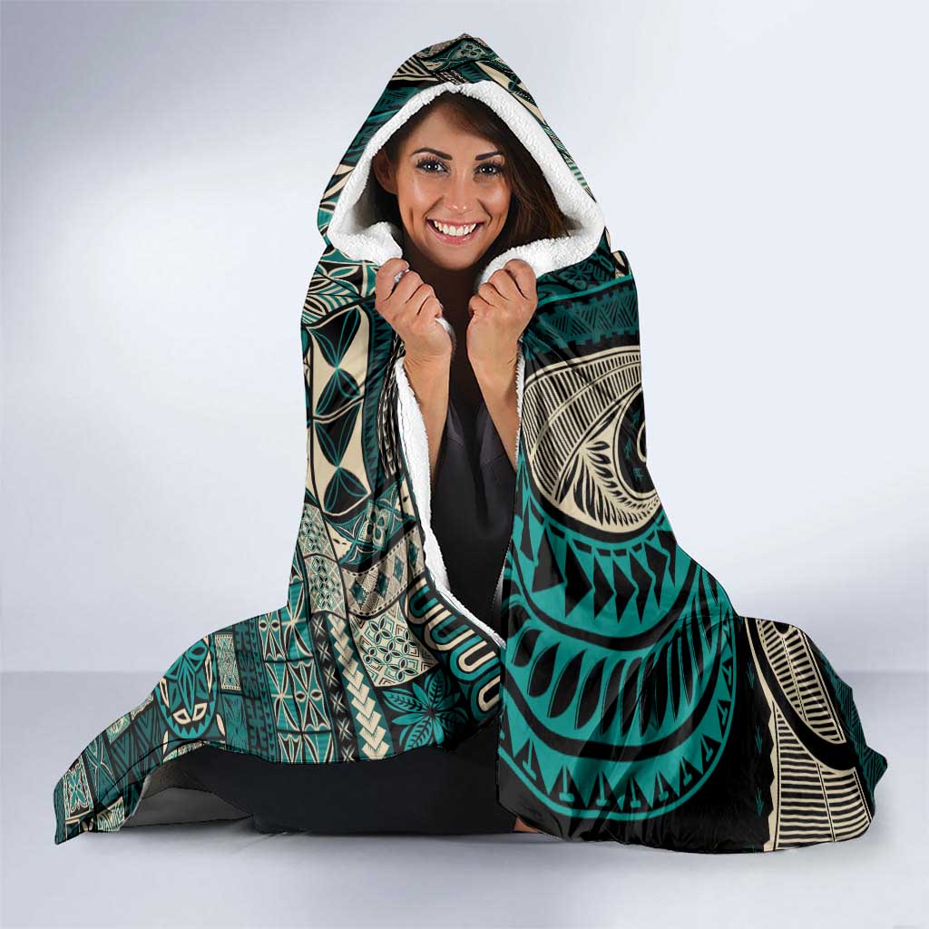 Vintage Samoa Siapo Mamanu Hooded Blanket Teal Samoan Tapa Motif - Polynesian Pride