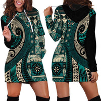 Vintage Samoa Siapo Mamanu Hoodie Dress Teal Samoan Tapa Motif - Polynesian Pride